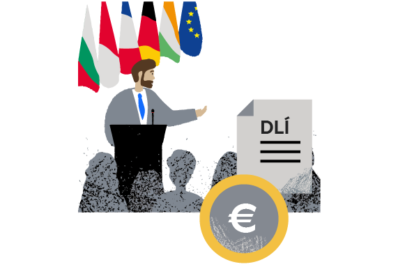 Trí léaráid: bonn le siombail an euro, doiciméad leis an téacs ‘Dlí’, agus fear ag labhairt os comhair lucht féachana